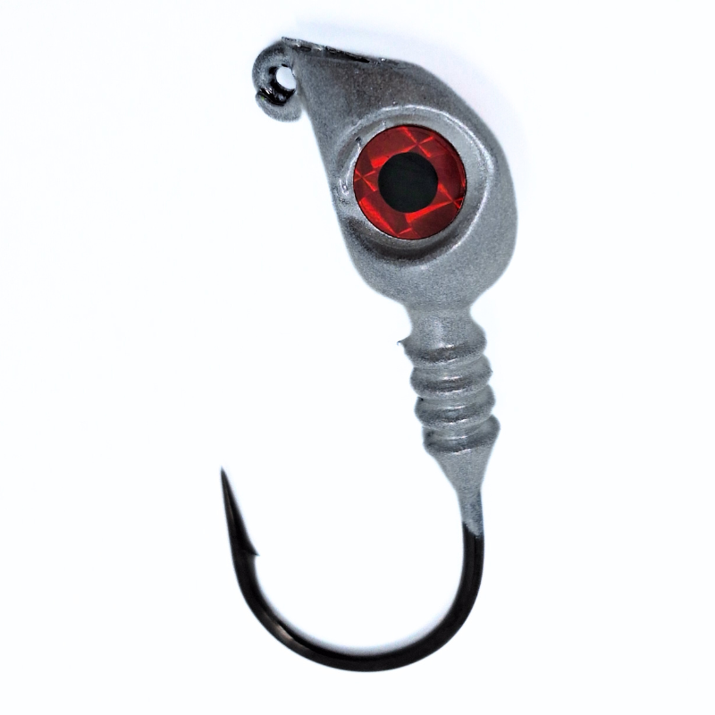 Fishing lure with a red eye and metallic body on a white background